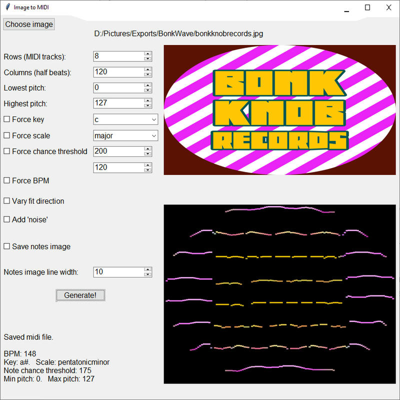 Screenshot of Yonder's Image to MIDI app with the Bonk Knob Records logo loaded. Underneath it the generated notes image can be seen.