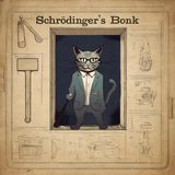 A blueprint drawing of a wooden box and various bonking utensils. Inside the box a cat wearing a suit and glasses is holding a baseball bat. The caption says Schrödinger's Bonk.